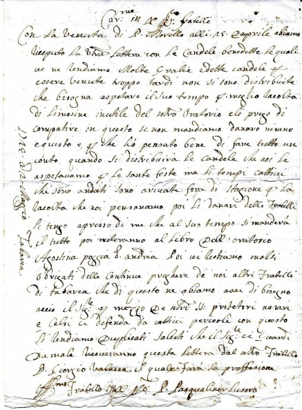 Lettera spedita da Tabarca, scritta da un ascritto della confraternita dei Santi Nazario e Celso di Multtedo. 
Genova Multedo oratorio Santi Nazario e Celso